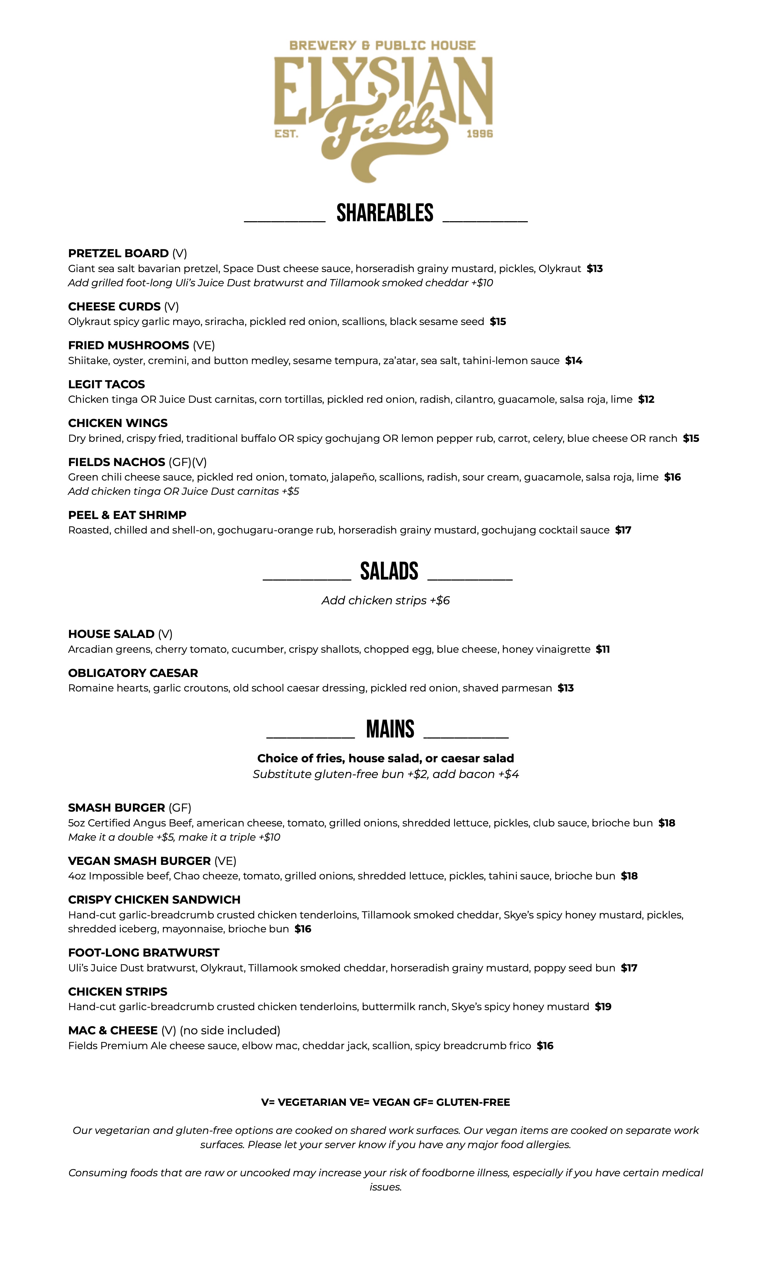 Elysian Fields Pub Food Menu